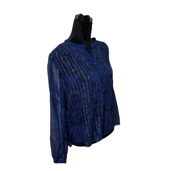 Rebecca Taylor Sheer Navy Blue & Silver Metallic Long Sleeve Top Size 6 - Picture 5 of 12